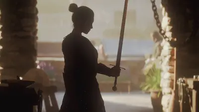 Postać z mieczem w Pax Dei